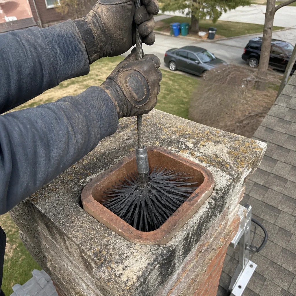 Professional chimney sweep cleaning a chimney flue with a wire brush