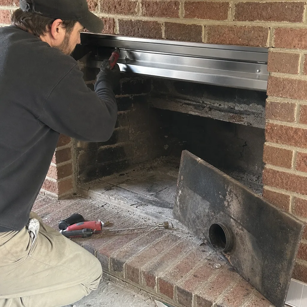 Technician installing a new fireplace flue liner and metal chimney components