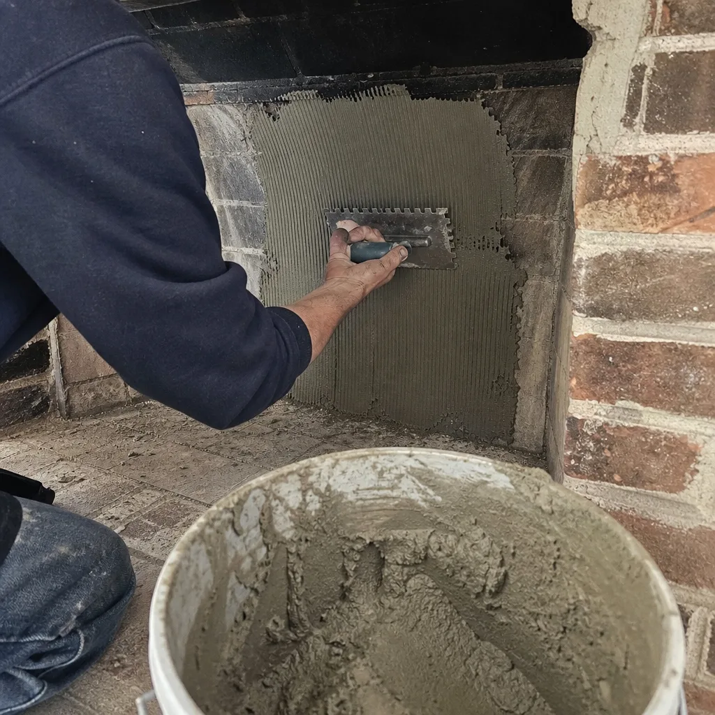 Worker applying mortar with a notched trowel to a fireplace wall
