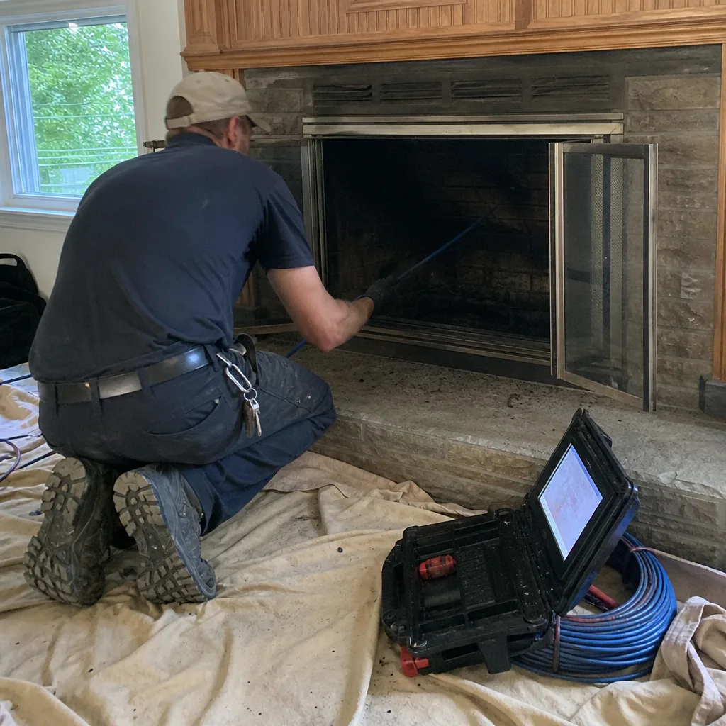 Professional technician using a chimney inspection camera inside a residential fireplace